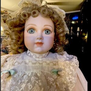 Charming Lace Porcelain Doll with Blue Eyes